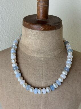 Freshwater Pearl Blue Quartz Beaded Necklace Silver Plated Toggle Clasp